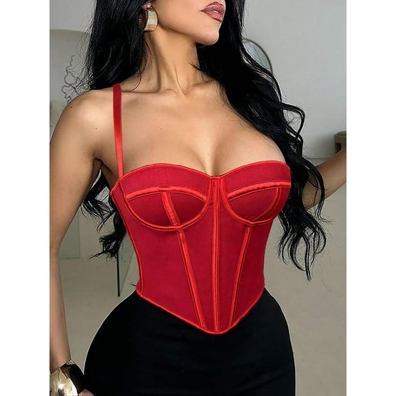 Y2K Sexy Red Corset Tops for Women Mesh Grommet Lace Up Festival Outfits Halloween Costumes