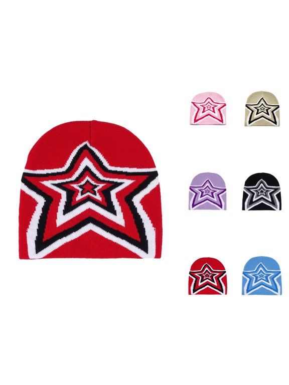 Y2K Skull Cap with Five-Point Star Pattern Stretchy Warm Knit Hat for Men and Women Trendy Beanie for Daily Outdoor and Streetwear