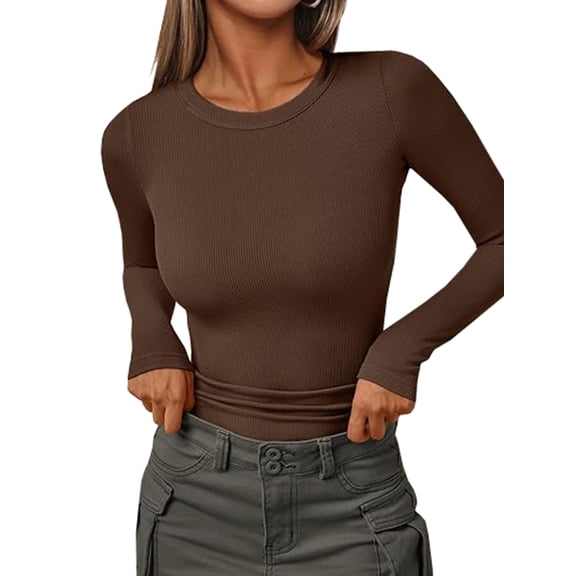 Y2K Solid-Color Ribbed Crew Neck T-Shirt for Women Straight-Shoulder Top