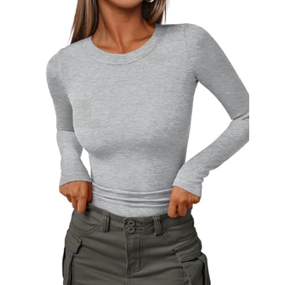 Cozlax Y2K Solid-Color Ribbed Crew Neck T-Shirt for Women Straight-Shoulder Top