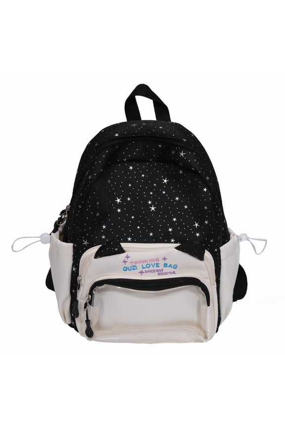 Y2K Star Cutecore Daypack, Clear Pocket Polyester Backpack, Large Capacity Bag for Cosplay Events Gifting, 16.93 Inch (Black)