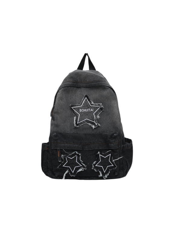 Y2K Star Denim Backpack for Women and Men, Gothic Grunge Bookbag, Punk Emo Aesthetic Daypack for Daily Use
