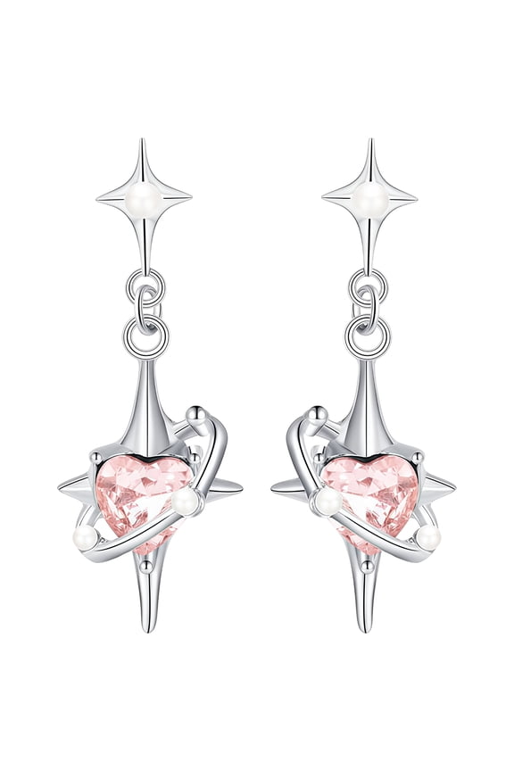 Y2K Star Heart Earrings, Pink Gemstone Heart and Star Pendant Hoop Earrings, Alloy, Zircon, Faux Pearl, Anti-Allergy Silver Pin, 1.6 x 0.6 in / 4 x 1.5 cm, Great for Daily Wear and Special Occasions