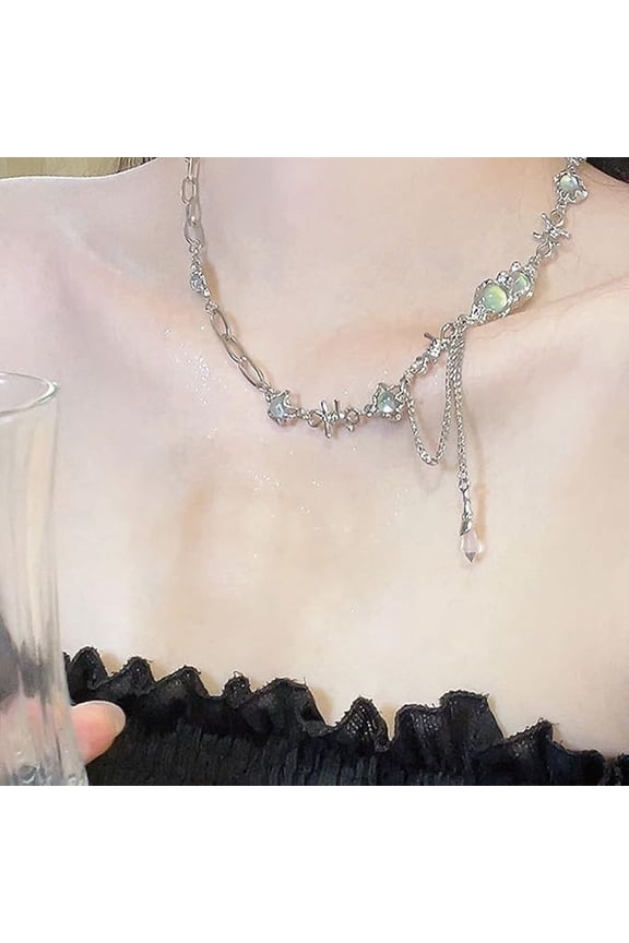 Y2K Star Moonlight Stone Pendant Irregular Necklace Silver Fashion Chain Jewelry-Christmas present