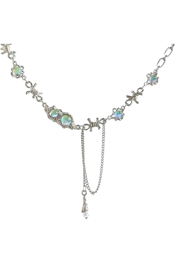 Y2K Star Moonlight Stone Pendant Silver Chain Necklace Gift for Women