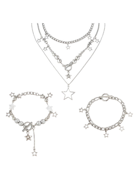 Y2K Star Necklace Set w/ 1 Necklace & 2 Bracelets - 2 Piece Silver Grunge Jewelry, Kawaii Celestial Charm Pendant for Teens Women