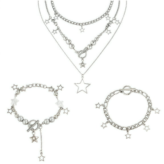 Y2K Star Necklace Set w/ 1 Necklace & 2 Bracelets - 2 Piece Silver Grunge Jewelry, Kawaii Celestial Charm Pendant for Teens Women