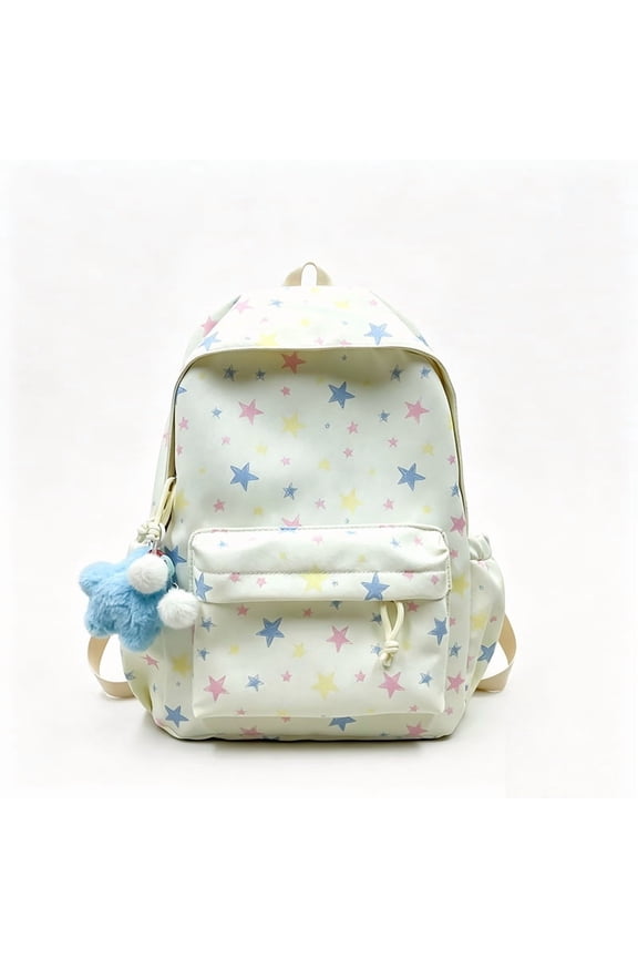 Y2K Star Print Canvas Rucksack, Convertible Crossbody Shoulder Bag with Multi Compartments, Water-Resistant Pack for Daily Hiking Business Travel, 16.14 Inch (White)
