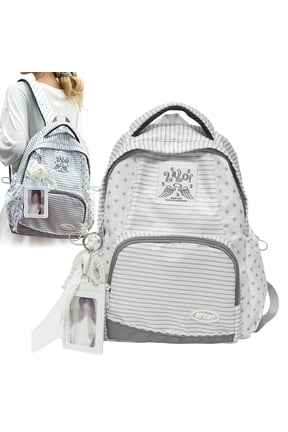 Y2K Star & Stripe Wing Backpack, Cutecore Japanese Medium Daypack, Kawaii Twee Aesthetic Backpack with Wings, Cute Striped Bookbag for Daily Use, Whimsical Starry Wing Rucksack with Adorable Details