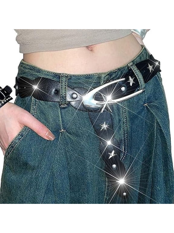 Y2K Star Studded Wide Belt for Women & Men, Adjustable Gothic Punk Waist Belt Accessory for Dresses, Skirts, Pants, Fashion Leather Strap(Black)