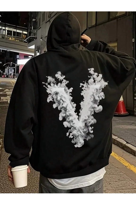 Y2K Streetwear Men's Black Graphic Letter V Print Hooded Zip-Up Jacket - Streetwear Casual Pullover With Adjustable Drawstring Hood, Machine Washable Urban Fashion Outerwear, Zip Up Hoodie, Everyday