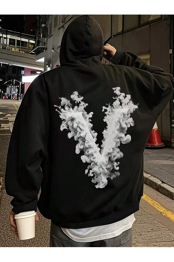 Y2K Streetwear Men's Black Graphic Letter V Print Hooded Zip-Up Jacket - Streetwear Casual Pullover With Adjustable Drawstring Hood, Machine Washable Urban Fashion Outerwear, Zip Up Hoodie, Everyday
