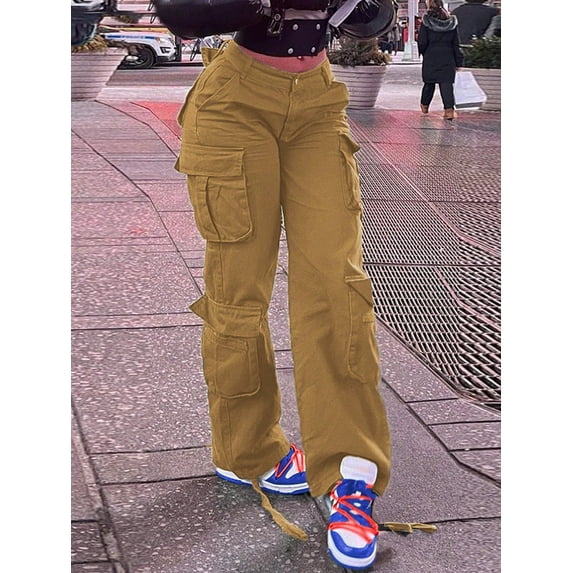 Y2K Style High Waist Wide Leg Workwear Jeans With Stretch And Flap Pockets - Women's Retro Streetwear Cargo long pants