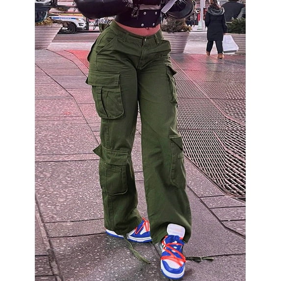 Y2K Style High Waist Wide Leg Workwear Jeans With Stretch And Flap Pockets - Women's Retro Streetwear Cargo long pants
