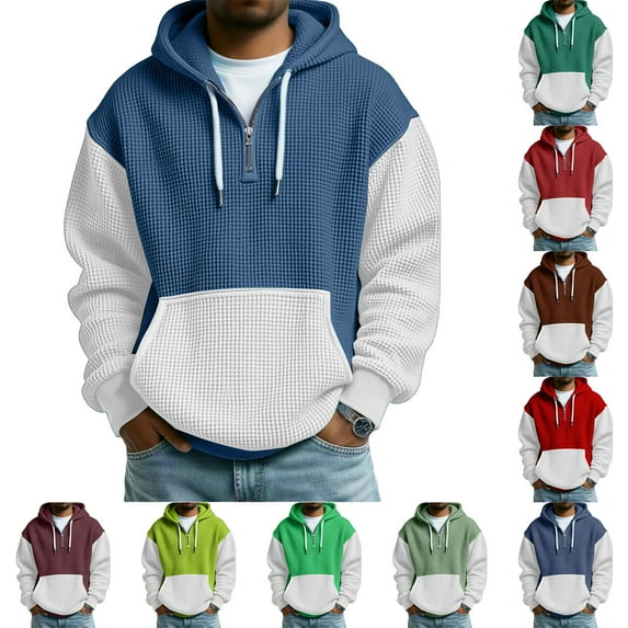 Y2K Style Men's Quarter-Zip Hooded Waffle Knit Sweatshirt, Thickened Fleece Texture Pullover, Fall Spring Retro Fashion,Brown,L