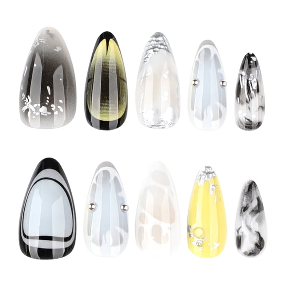 Y2K Style Multi-Color Abstract Geometric Press on Nails, Medium Almond Glossy Metallic with Decorative Bead Accent, 24 Count