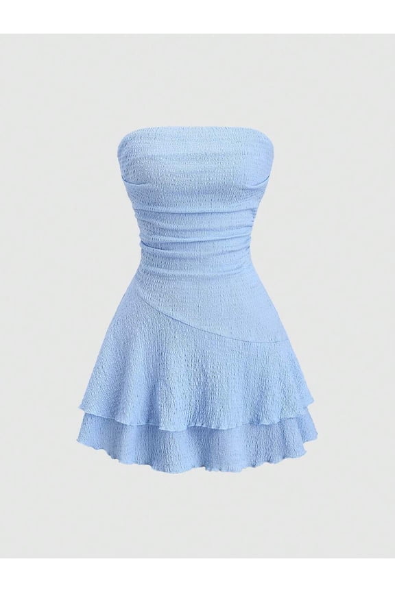 Y2K Style Ruched Textured Fabric Bandeau Mini Dress