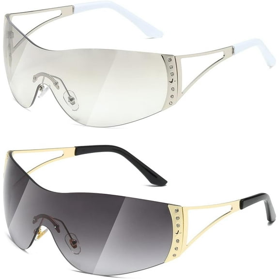 Y2K Sunglasses For Women Men Fashion Shield Rimless Wrap Around Sunglass Gradient Lens Trendy Oversize Sun Glasses