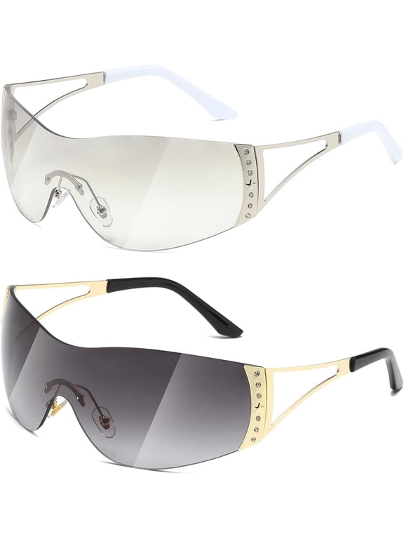 Y2K Sunglasses For Women Men Fashion Shield Rimless Wrap Around Sunglass Gradient Lens Trendy Oversize Sun Glasses