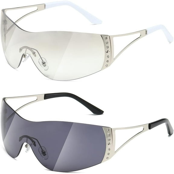 Y2K Sunglasses For Women Men Fashion Shield Rimless Wrap Around Sunglass Gradient Lens Trendy Oversize Sun Glasses