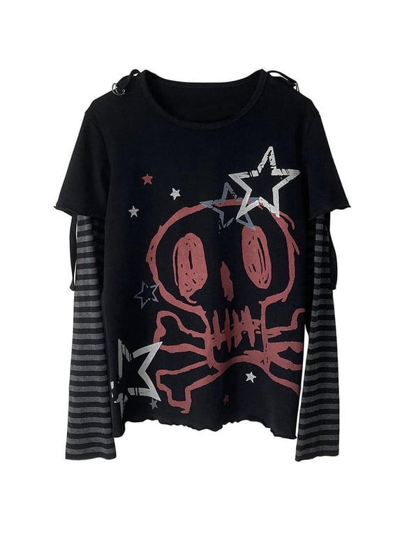 Y2K T-shirt Long Sleeve Faux Two Piece Harajuku Loose Punk Tees Casual Rock Emo Grunge Aesthetic Tops Hooked Alternative Clothing (Black M)