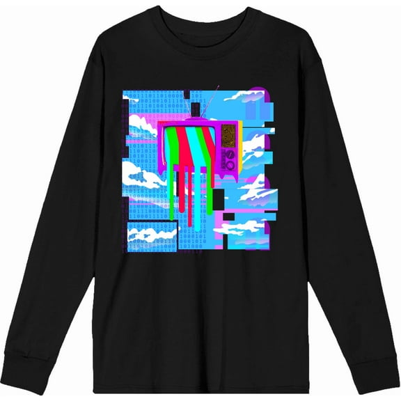 Y2K Tech Glitch, Melting TV Screen, Binary Code, and Cloudy Blue Sky Adult Black Crew Neck Long Sleeve Tee-3XL