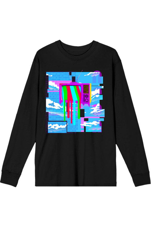 Y2K Tech Glitch, Melting TV Screen, Binary Code, and Cloudy Blue Sky Adult Black Crew Neck Long Sleeve Tee-Medium