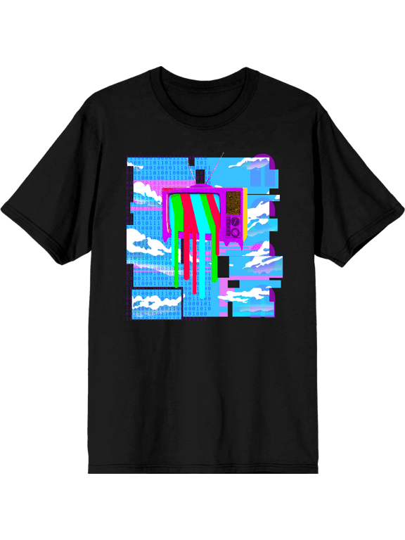 Y2K Tech Glitch, Melting TV Screen, Binary Code, and Cloudy Blue Sky Adult Black Crew Neck Short Sleeve Tee-XL