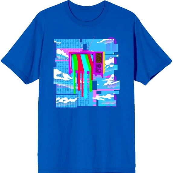 Y2K Tech Glitch, Melting TV Screen, Binary Code, and Cloudy Blue Sky Adult Royal Blue Crew Neck Short Sleeve Tee-XS