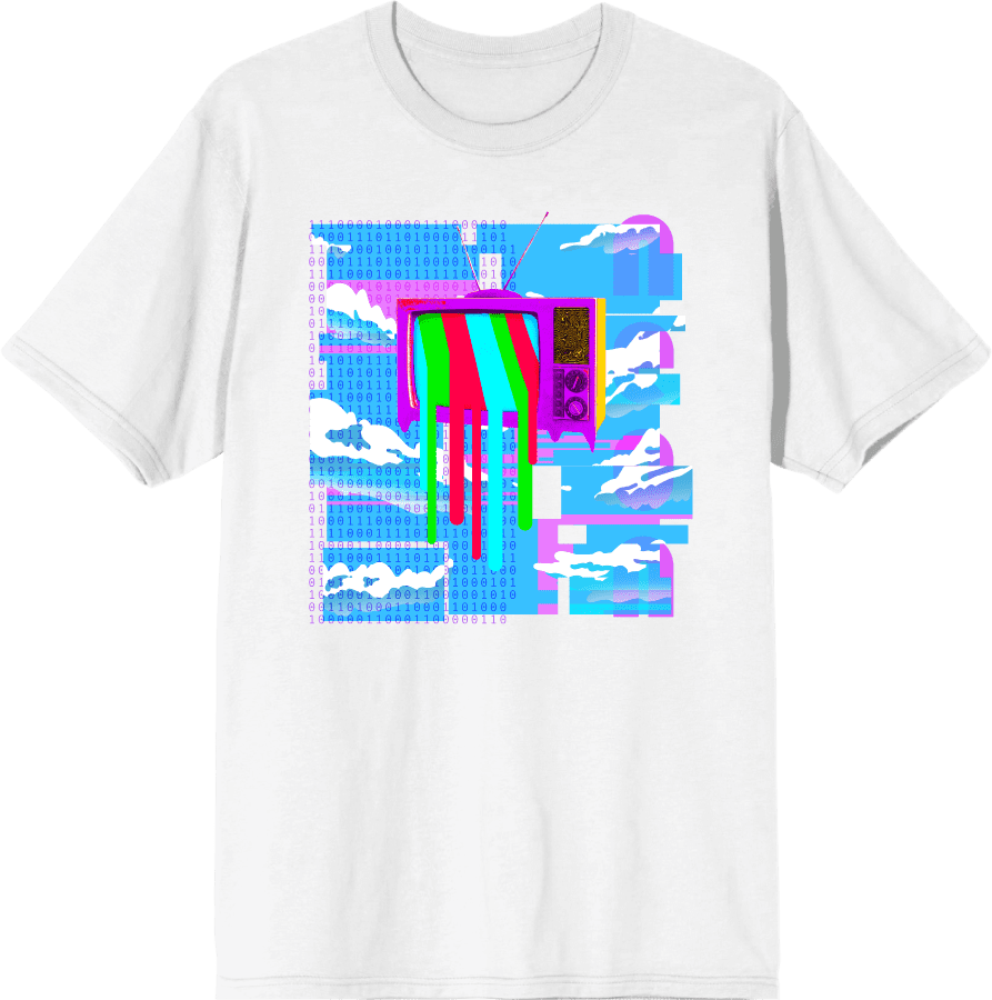 Y2K Tech Glitch, Melting TV Screen, Binary Code, and Cloudy Blue