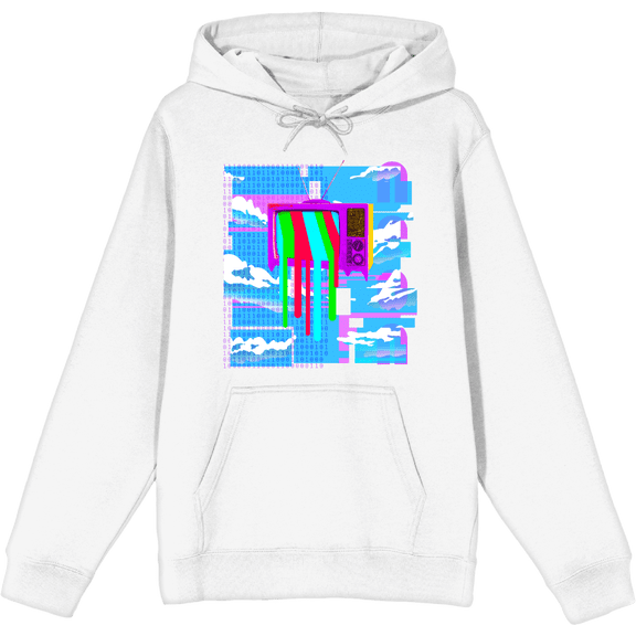 Y2K Tech Glitch, Melting TV Screen, Binary Code, and Cloudy Blue Sky Adult White Long Sleeve Hoodie-XS