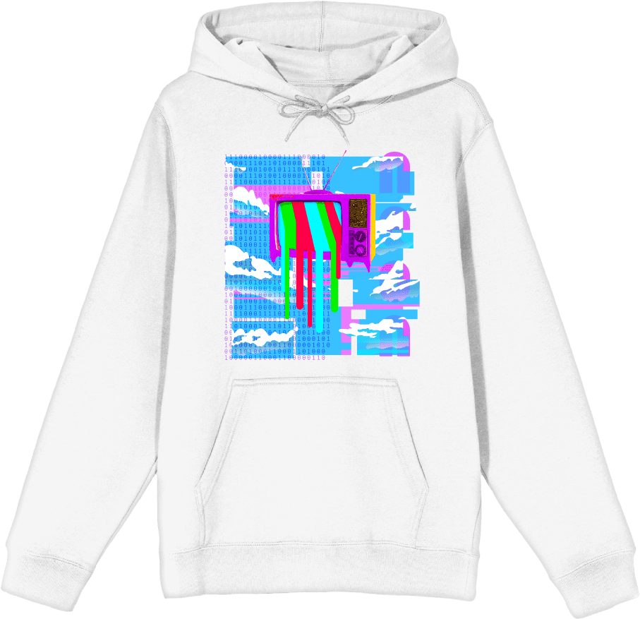 Y2K Tech Glitch, Melting TV Screen, Binary Code, and Cloudy Blue