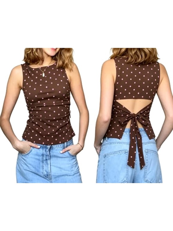 Y2K Tie Back Polka Dot Tank Top Women Boat Neck Sleeveless Babydoll Shirt Side Ruched Bow Tie Waist Vest Vintage Aesthetic Going Out Tops Teen Girls Slim Fitted Cutout Open Back Top