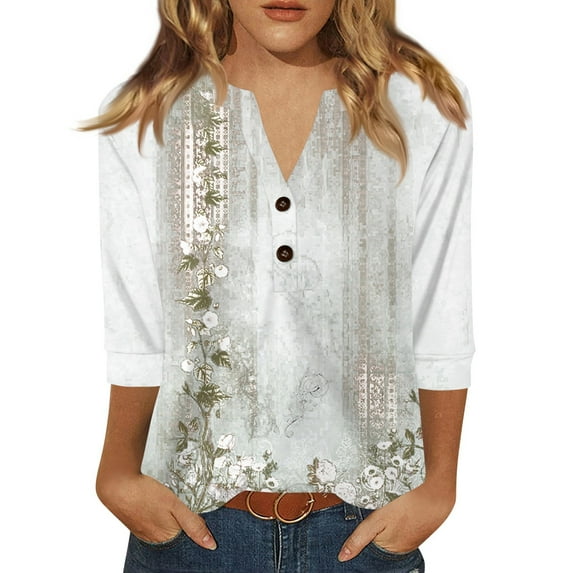 Y2K Tops, Reinforced Floral Summer T-Shirt Women's Anniversary Present Top Birthday Gift Women Day-To-Night Polyester Tops Office Wear Print Blouse V-Neck 3/4 Sleeve Grey Xxl