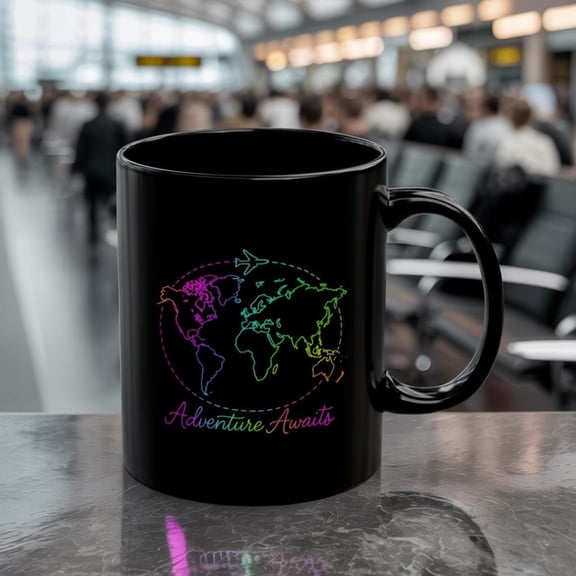 Y2K Travel Mug: Rainbow World Map, Airplane Design