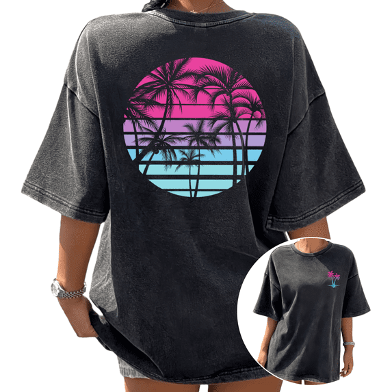 Y2K Tropical Summer Aesthetic Womens Black Stone Washed Palm Tree Print T-Shirts Tops