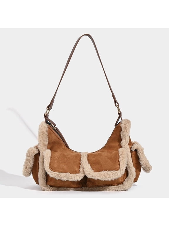 Y2K Vintage Faux Fur Winter Handbag for Women - Retro Splicing Plush Multi - Pocket Underarm & Shoulder Bag