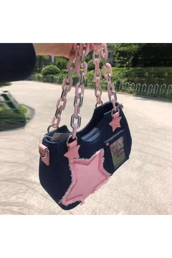 Y2K Vintage Shoulder Korean Fashion Underarm Haruku Star Tote Denim Bag Chain Ladies Bags Zip Purses Handbags Women