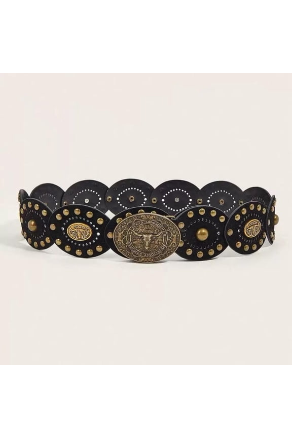 Y2K Vintage Western Cowboy Belt Bullhead Metal Buckle Belts Rivet Steampunk Wide Waist Belt Women Men's PU Leather Waistband