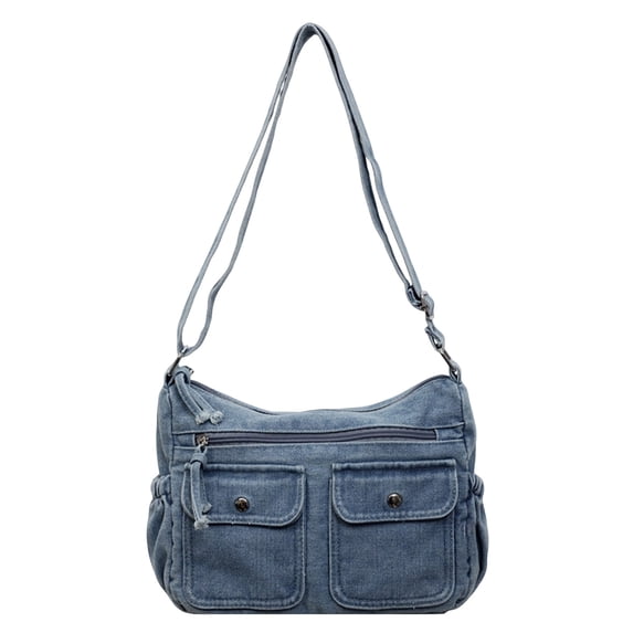 Y2K Washed Denim Shoulder Purse, Women Multi‑Pocket Textured Cross‑body Bag Adjustable Strap Casual Fabric Shoulder Bag