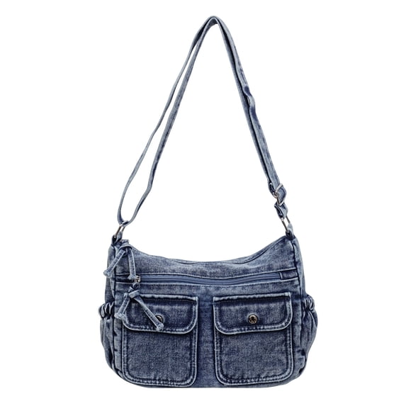 Y2K Washed Denim Shoulder Purse, Women Multi‑Pocket Textured Cross‑body Bag Adjustable Strap Casual Fabric Shoulder Bag
