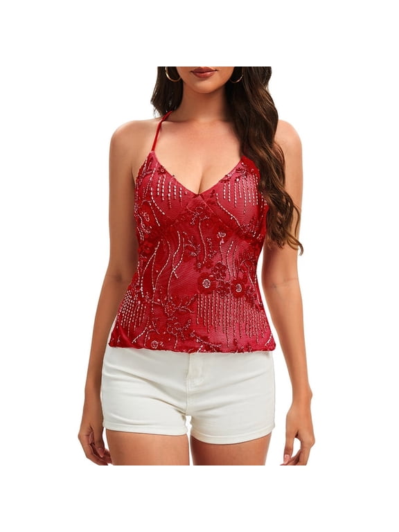 Y2K Women Cute Sparkle Floral Sequin Halter Cami Top V Neck Criss Cross Straps Mesh Beaded Summer Tops(L,Red)