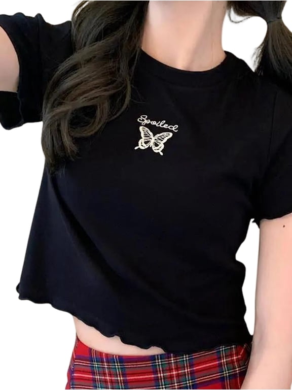 Y2K Women'S Baby T-Shirt with Butterfly Pattern, Slim Fit Crop Top for Trendy Streetwear