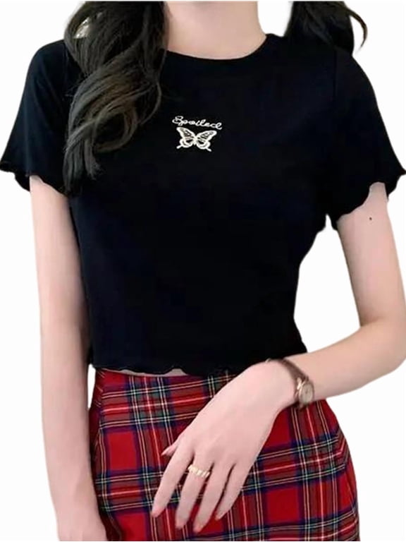 Y2K Women'S Baby T-Shirt with Butterfly Pattern, Slim Fit Crop Top for Trendy Streetwear