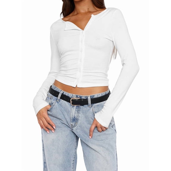 Y2K Women'S Long Sleeve Front Open Knit Cropped Sweater Button Knit Cardigan, Autumn V-Neck Button Top White XL