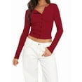 thumbnail image 1 of Y2K Women'S Long Sleeve Front Open Knit Cropped Sweater Button Knit Cardigan, Autumn V-Neck Button Top Wine Red L, 1 of 5
