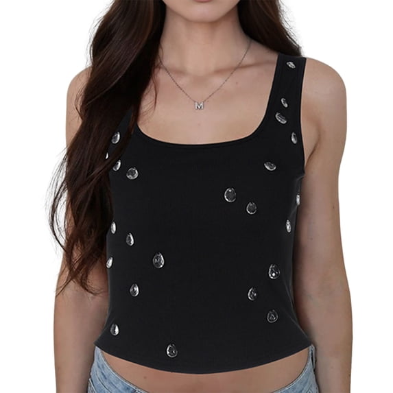 Y2K Women'S Rhinestone Decorated Ribbed Square Neck Sleeveless Cropped Top Black L