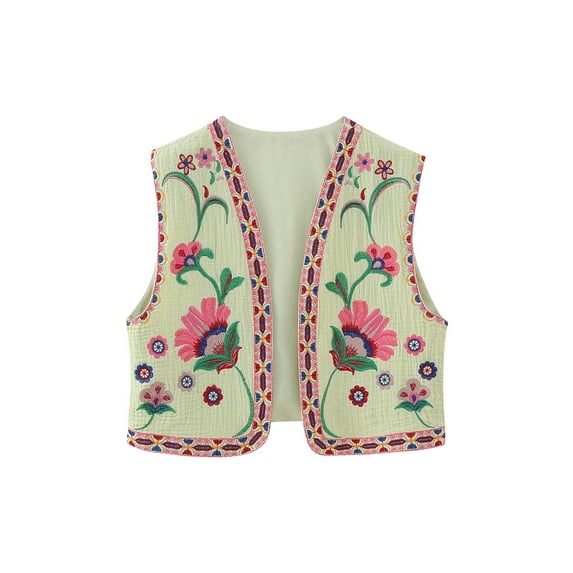 Y2K Women Vintage Boho Floral Embroidered Vest Tops Sleeveless Exchic Cropped Cardigans Waistcoat Gilet