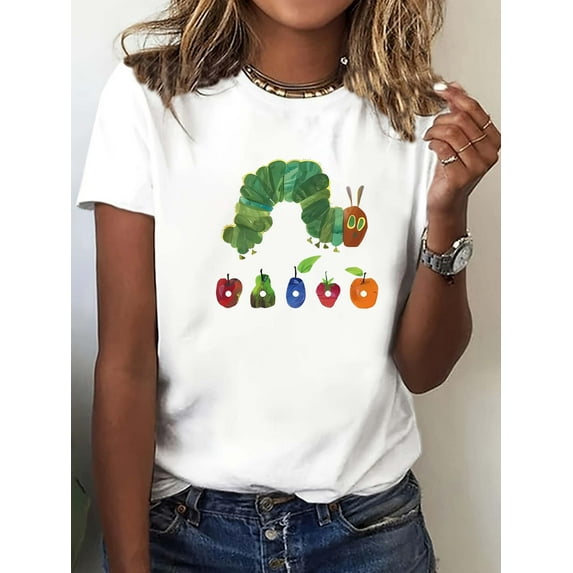 A Y2K-style Casual T-shirt With A Round Collar Featuring An Artistic Caterpillar Pattern, Suitable For Sports And Leisure, Showcasing A Fashionable Casual/street Style For Women., Casual Sporty Tee