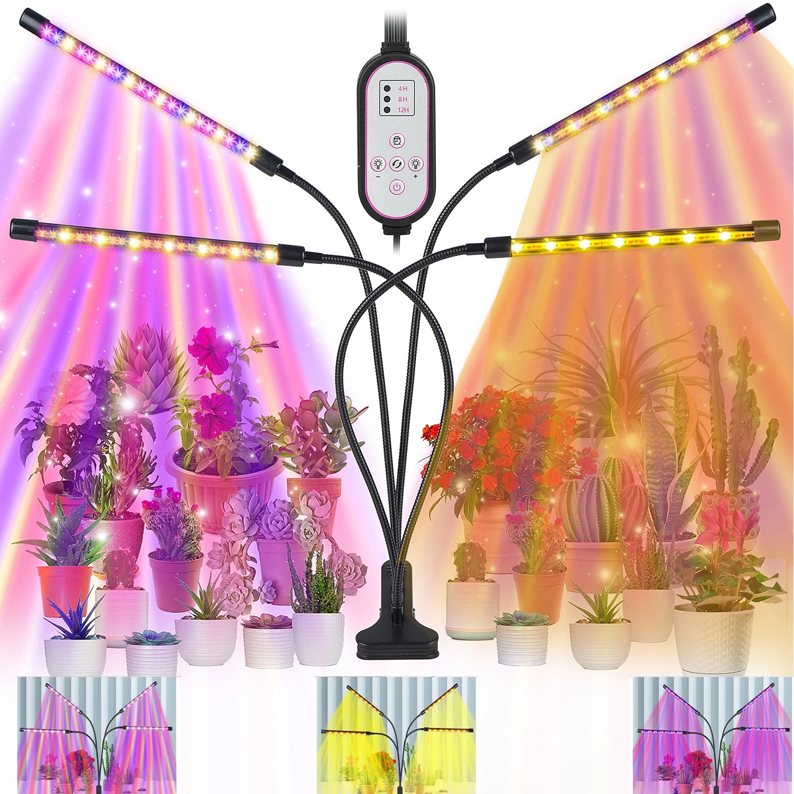 Y2Konexi Clip-On 4-Head Grow Lights for Indoor Plants with 4/8/12H